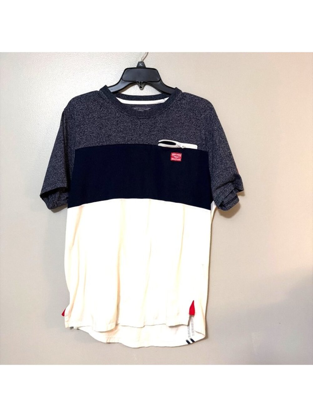 Parish Nation Mens Colorblock Short Sleeve Shirt Zipper Pocket Navy/White/Red XL